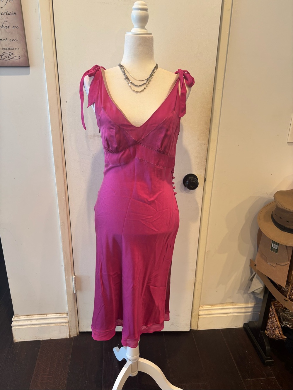 BCBGMaxAzria Fuchsia Tie-Shoulder Satin Midi Dress